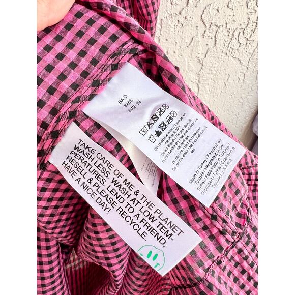 $400 Ganni Shirred Gingham Seersucker V-Neck Midi Dress Pink/Black Sz 36 / US 10 - Picture 8 of 10